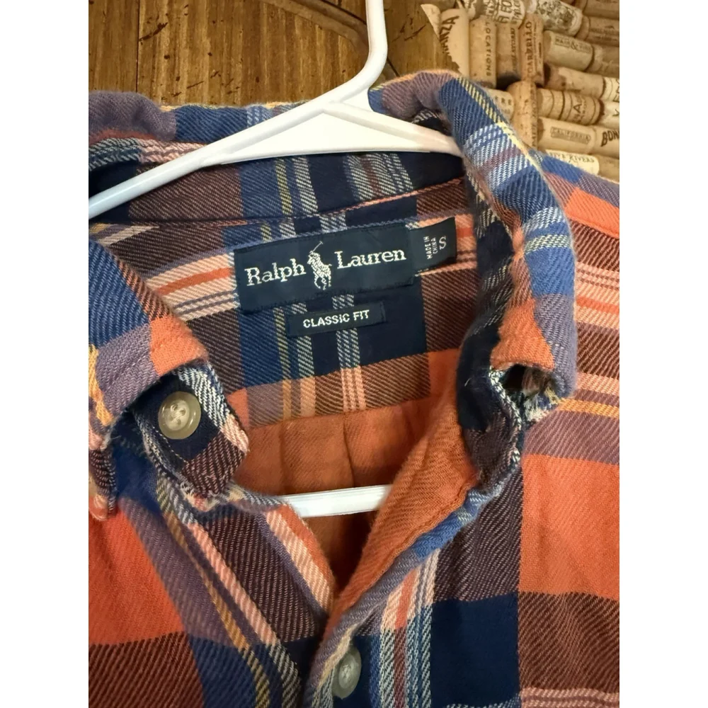 Ralph Lauren Polo Shirt Mens Orange Blue Plaid Flannel Mountain Equipment Logo S